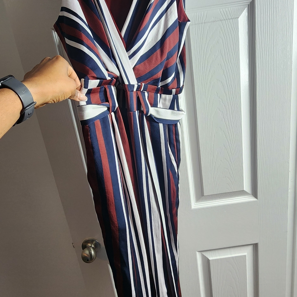Express Striped Jumpsuit in Navy, White, and Burgundy